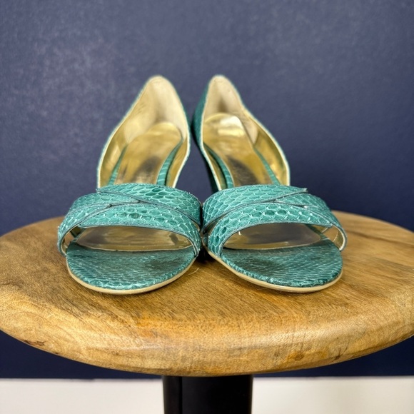 BCBGirls Emerald Green Turquoise Snake Open Toe Heels, Size 10 - Picture 5 of 10